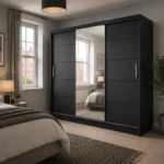 Central mirror sliding doors wardrobe right ot the window in modern minimalist bedroom
