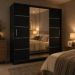 Central mirror sliding doors wardrobe black in night view