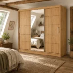 Central mirror sliding doors wardrobe OAK indoor minmalist room