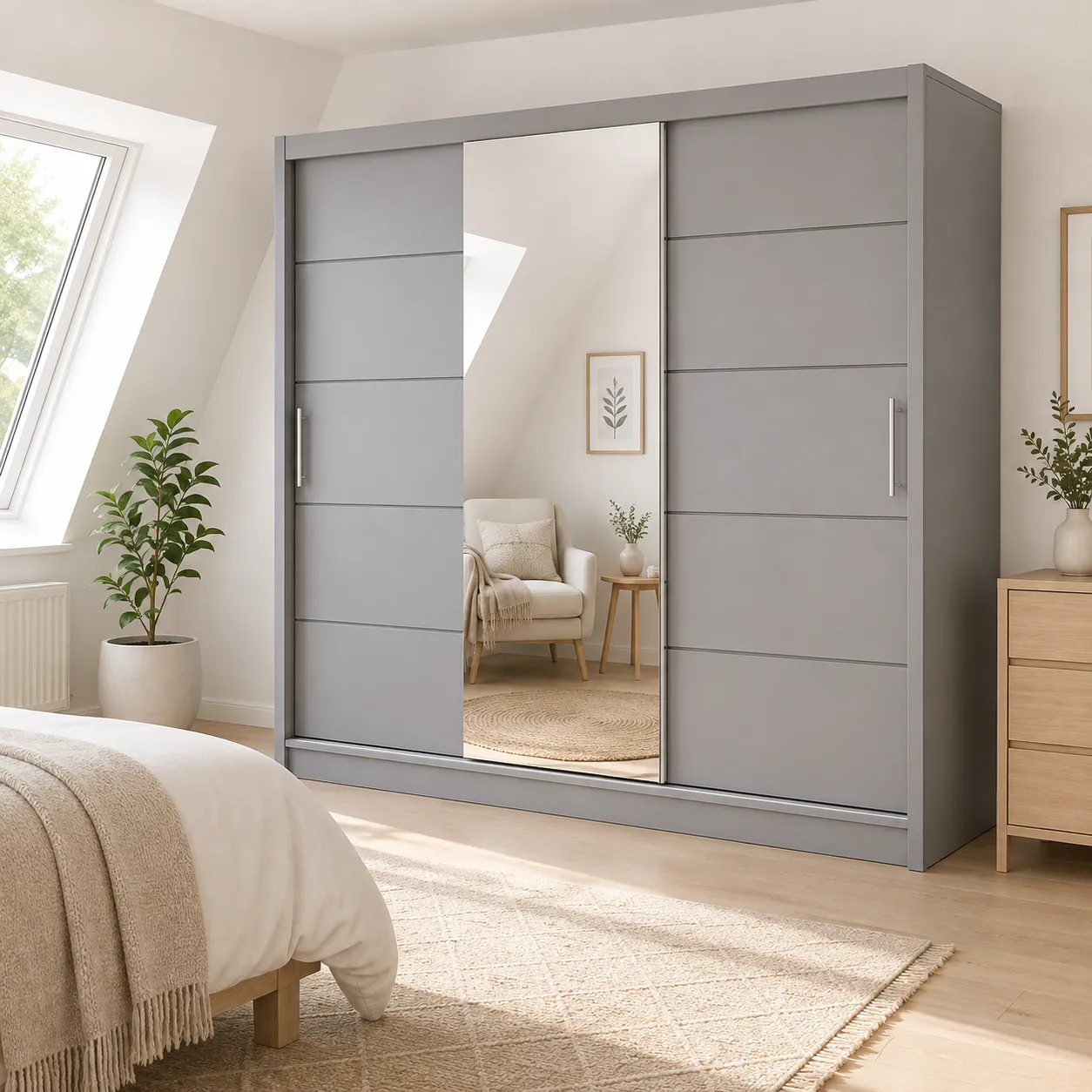 gray colored Central mirror sliding doors indoor minmalist room