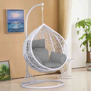 Large white hanging chair with grey cushions