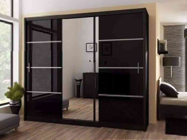 central mirror triple wardrobe with drawers black color.