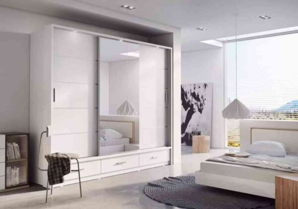 central mirror triple wardrobe with drawers white color