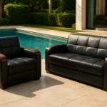 3+2 leather sofa bed along side of the in sunny day