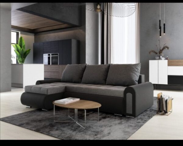 Black corner sofa bed with storage