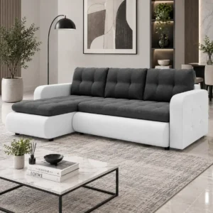 White corner sofa bed with storage in bright living room