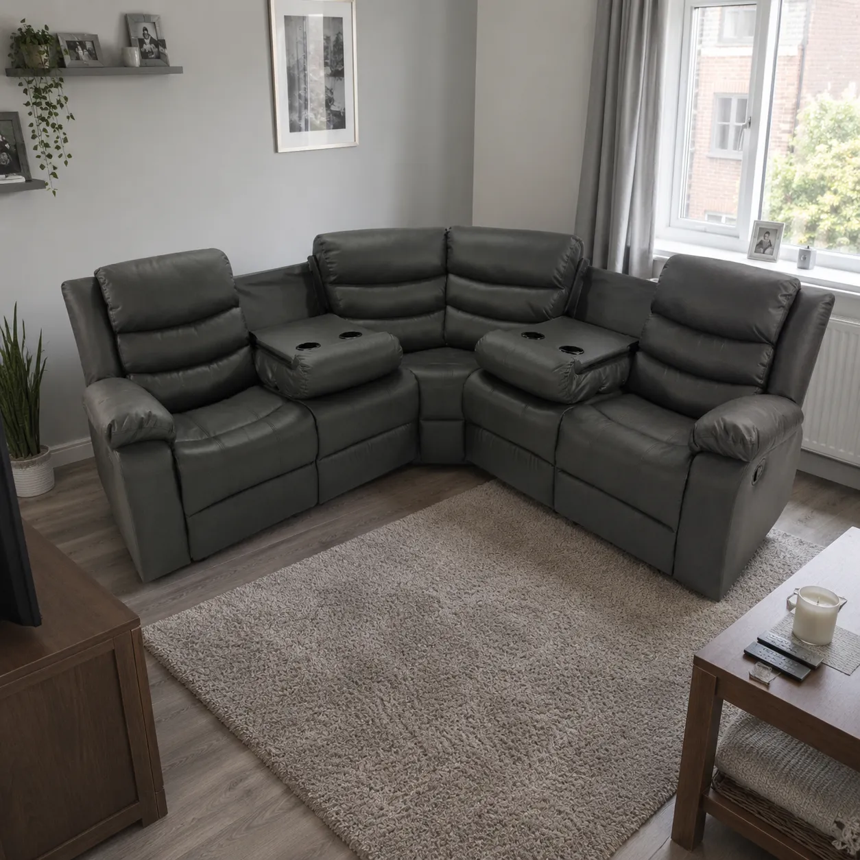 corner recliner sofa in a small attic-style guest room with a sloped ceiling, compact window, wooden flooring, minimal furnishings, and soft natural daylight.