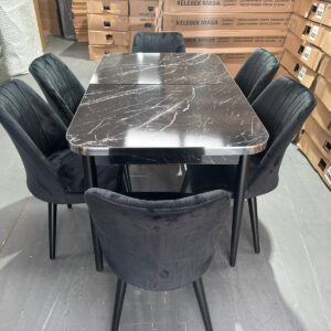 black wood dining table with six chairs