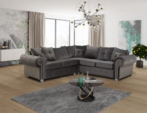 Plush velvet sofa five seater corner grey color