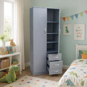 Small Wardrobe with Drawers with open shelves, drawers, and silver handles placed in a bright kids’ bedroom with pastel walls, natural daylight, a dinosaur-themed bed, toys, books, and colorful décor.