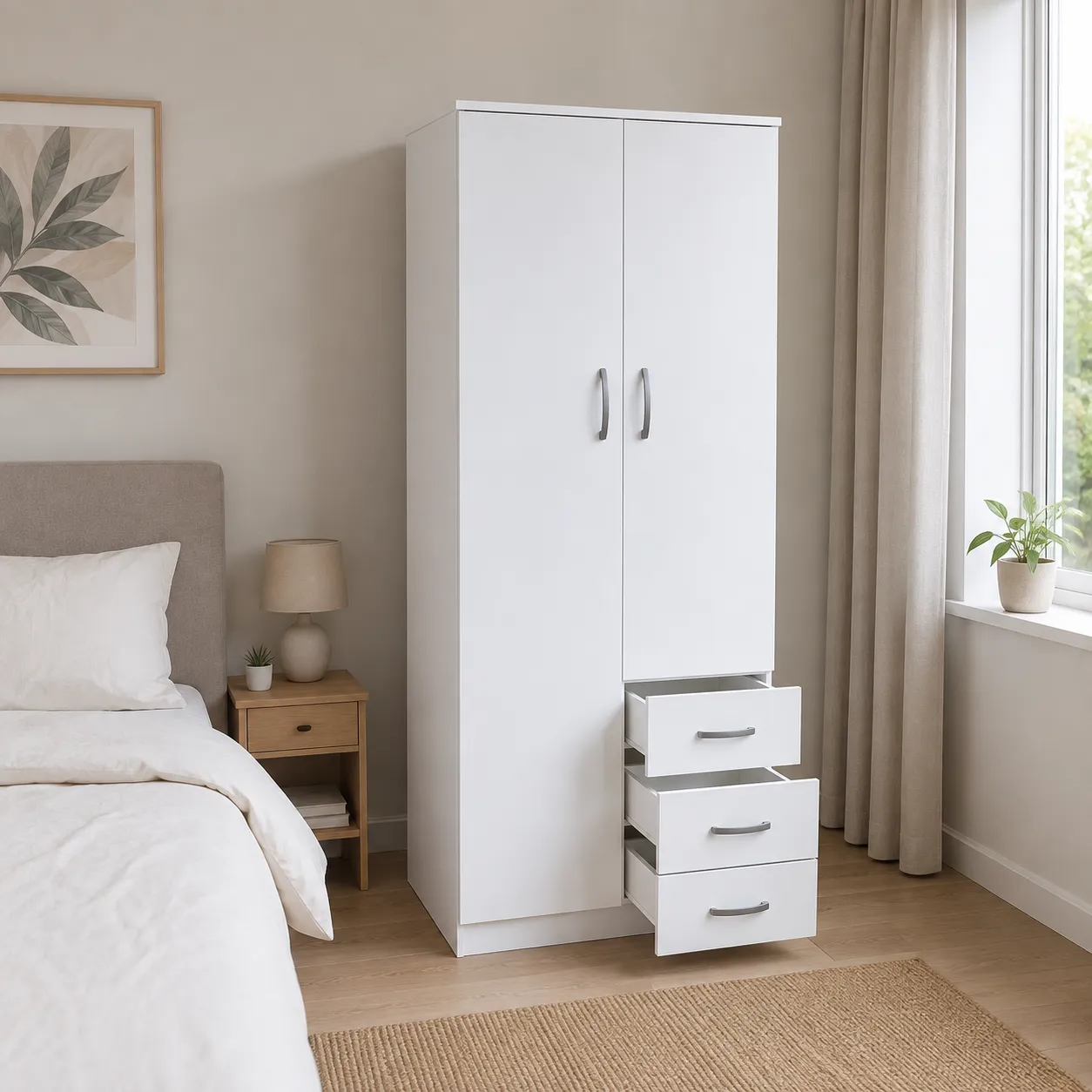 White Small Wardrobe with Drawers in a bright Scandinavian bedroom.