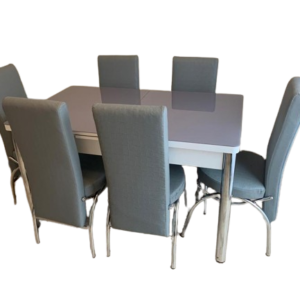 Grey dining table and chairs with white strip below top with set of 6 chairs