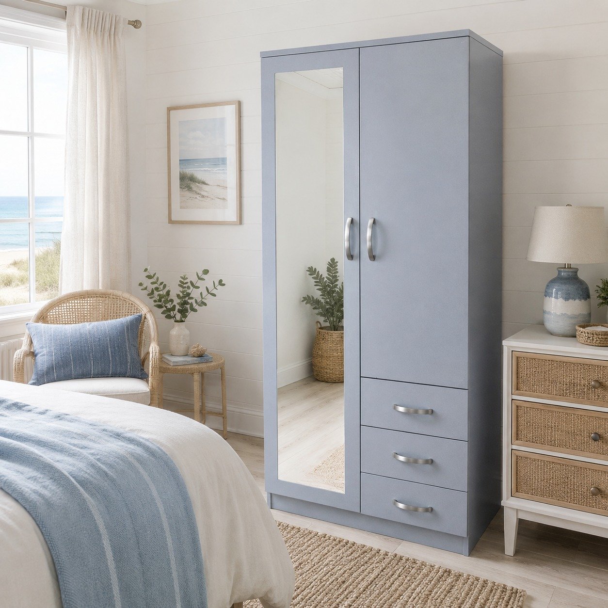 small wardrobe with mirror gray color in cleaner bedroom