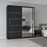 Black 2 door sliding wardrobe with mirror door in bedroom