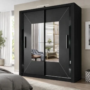Black 2 Door Sliding Wardrobe with Mirror with a full-length central mirror, double doors and three drawers placed in a bright, versatile bedroom with natural daylight.