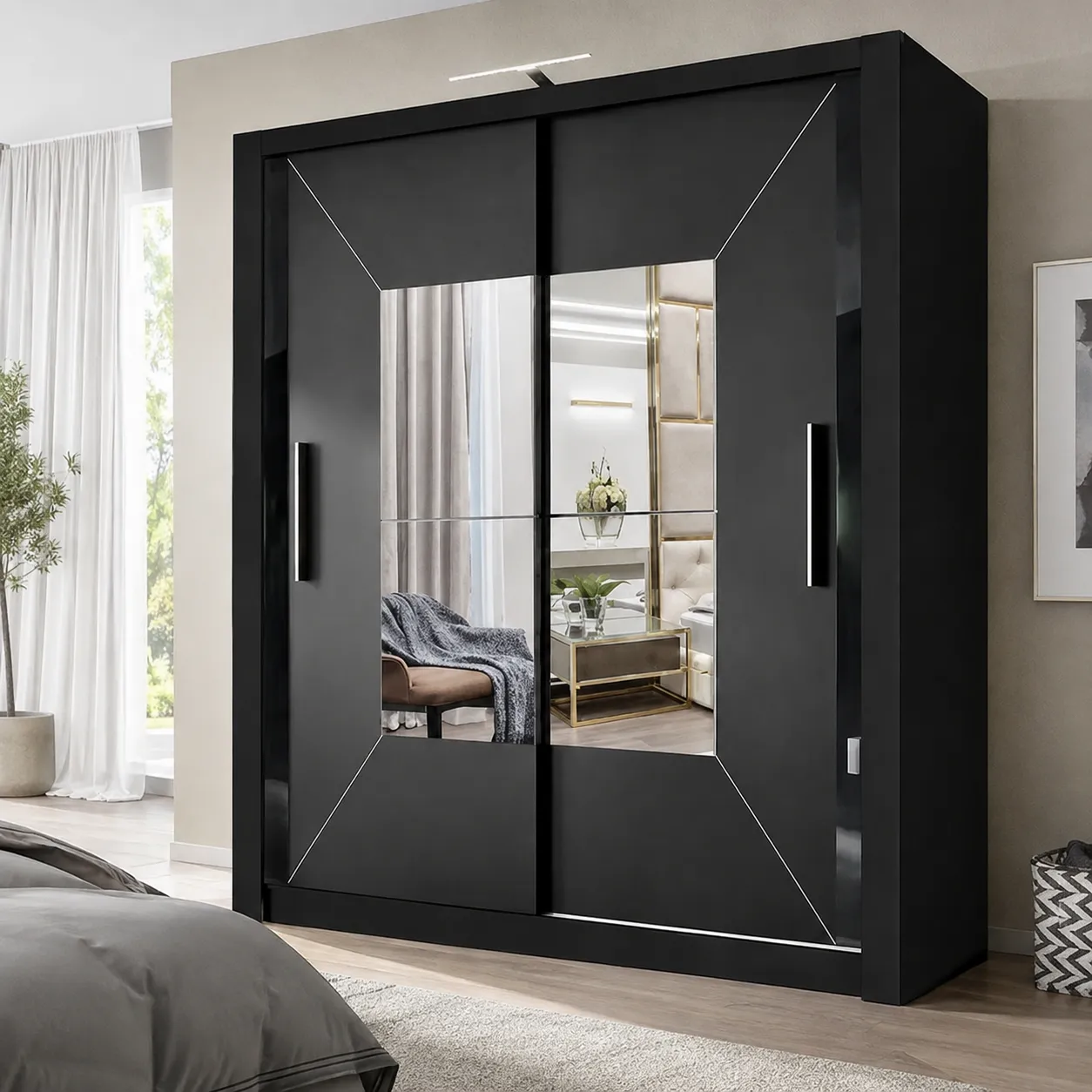Black 2 Door Sliding Wardrobe with Mirror with a full-length central mirror, double doors and three drawers placed in a bright, versatile bedroom with natural daylight.