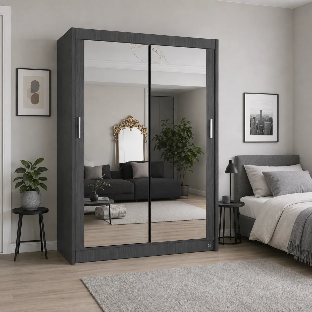 Mirrored sliding wardrobe grey