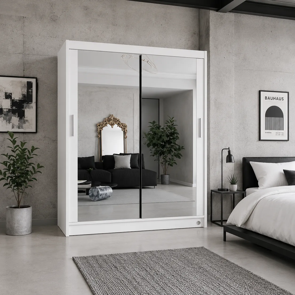White wardrobe with full mirrored sliding doors inside premium house