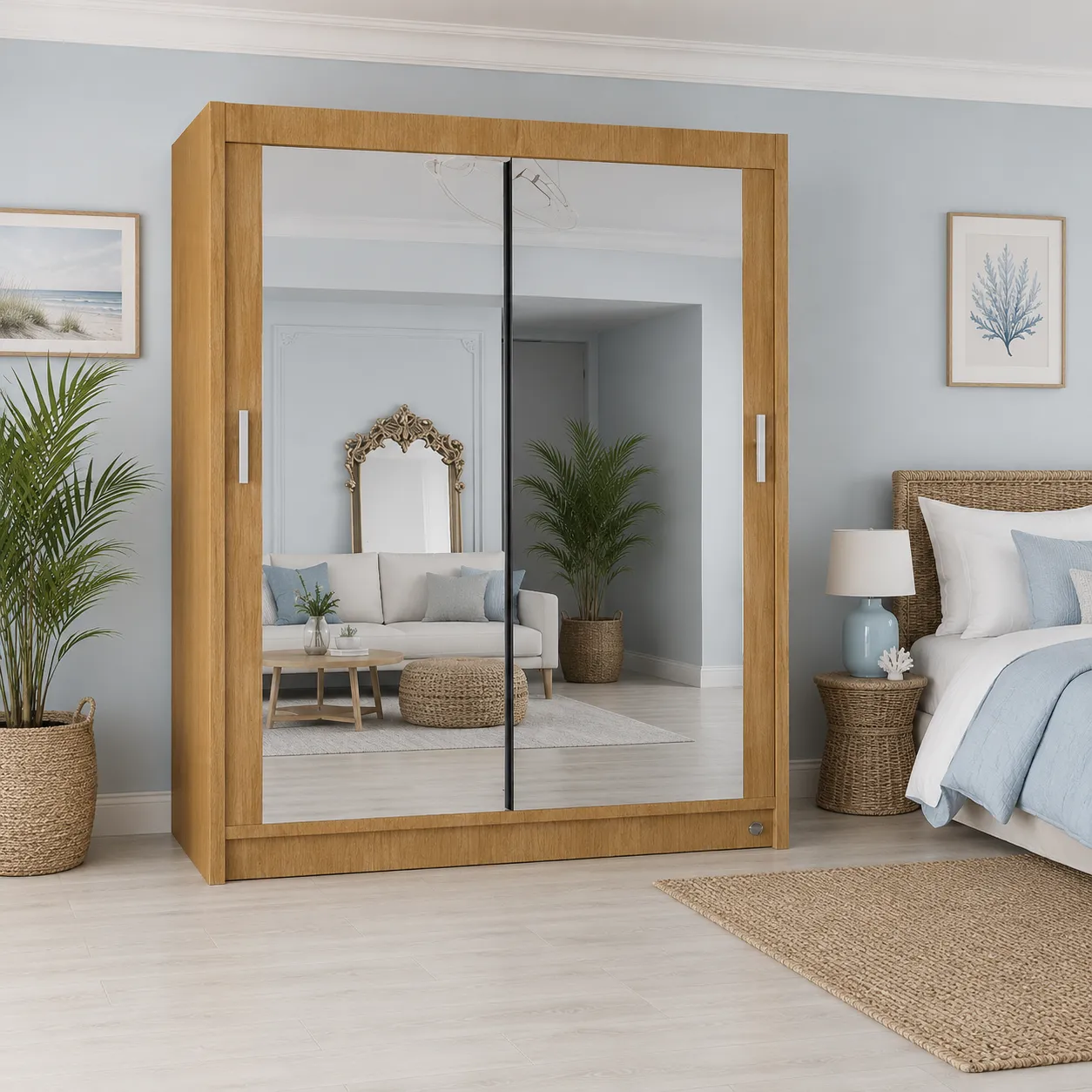 Oak full mirrored doors sliding wardrobe