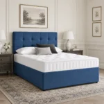 Divan bed blue frame and white mattress in bedroom in bedroom
