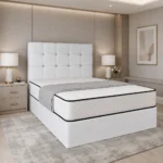 Divan bed white base frame and white mattress in bedroom in bedroom