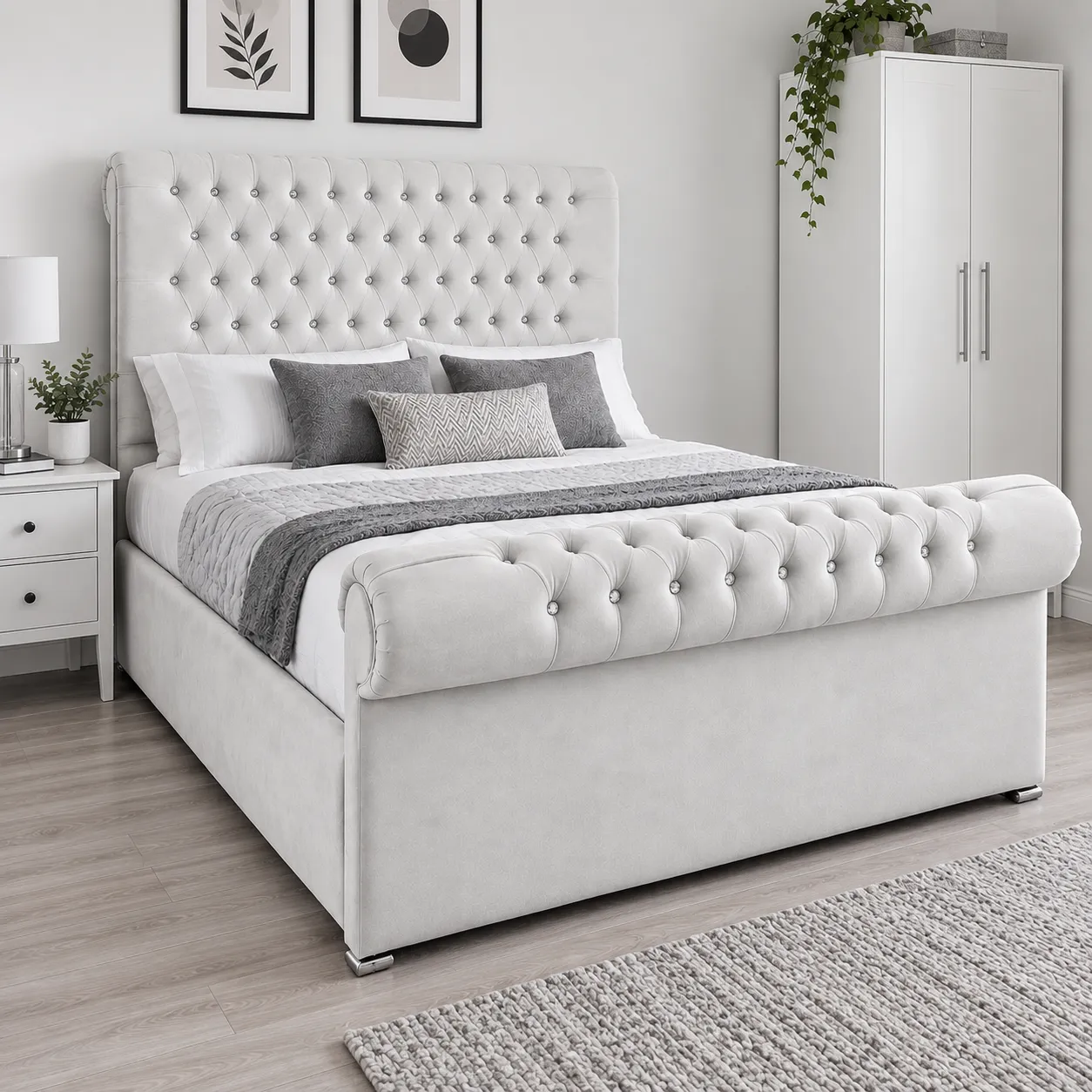 sleigh bed white colored indoor Uk appartment