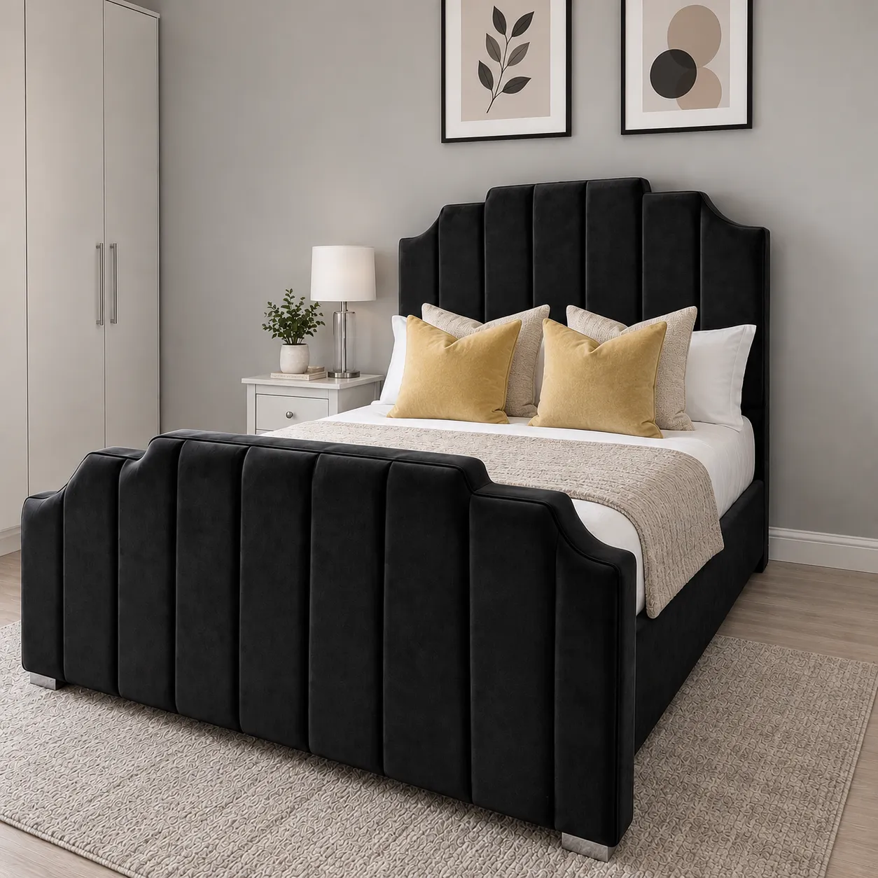 Black upholstered bed with panelled headboard